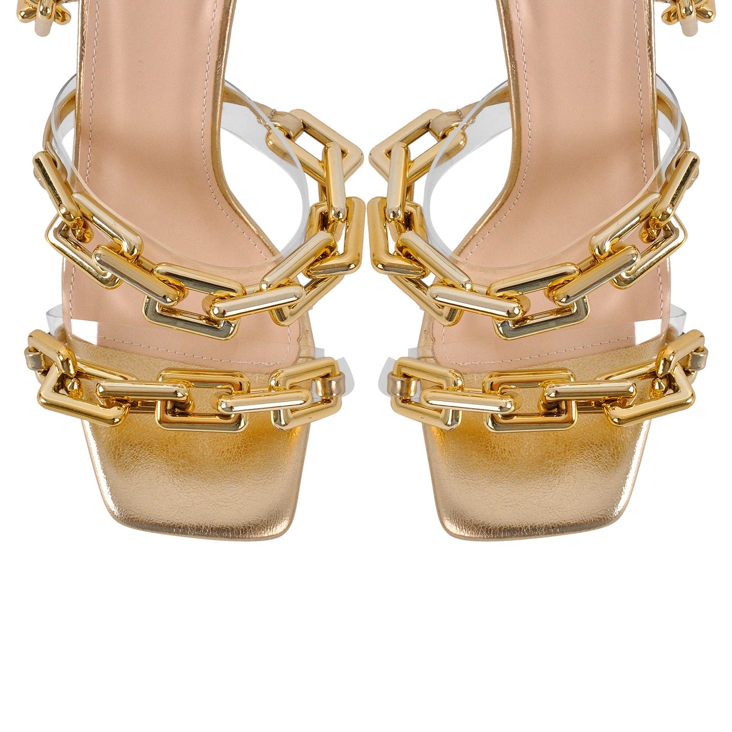 Gold Square Toe Metal Chain Lace-up Stiletto Sandals - Onlymaker