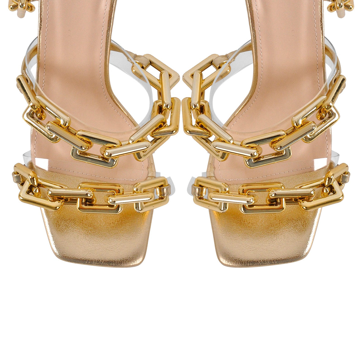 Gold Square Toe Metal Chain Lace-up Stiletto Sandals - Onlymaker
