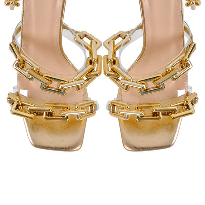 Gold Square Toe Metal Chain Lace-up Stiletto Sandals - Onlymaker