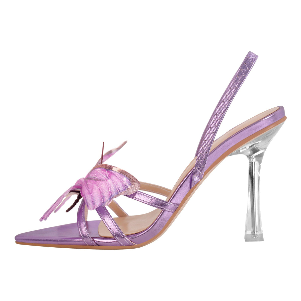 Butterfly Pointed Toe Clear Heel Slingback Sandals - Onlymaker