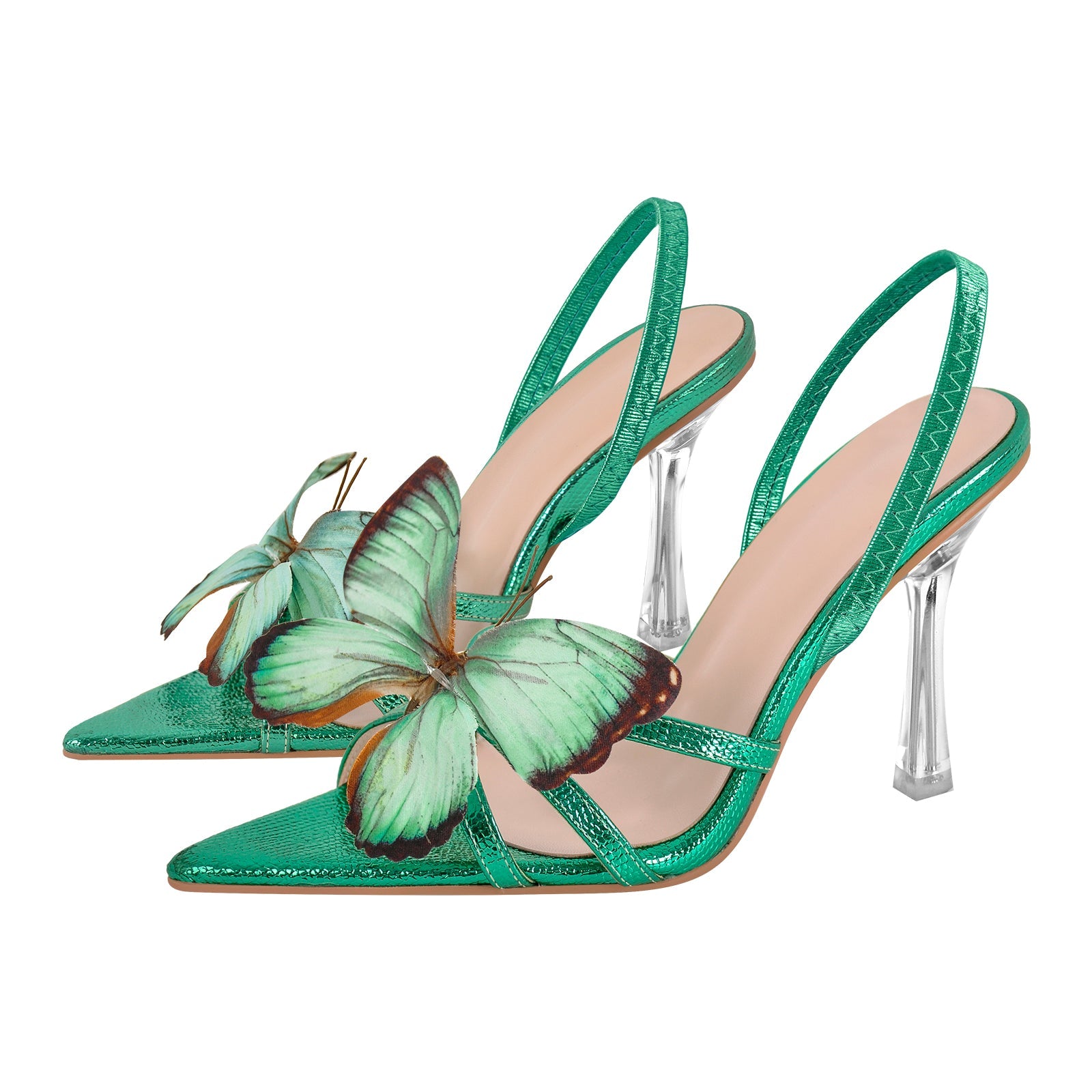 Butterfly Pointed Toe Clear Heel Slingback Sandals - Onlymaker