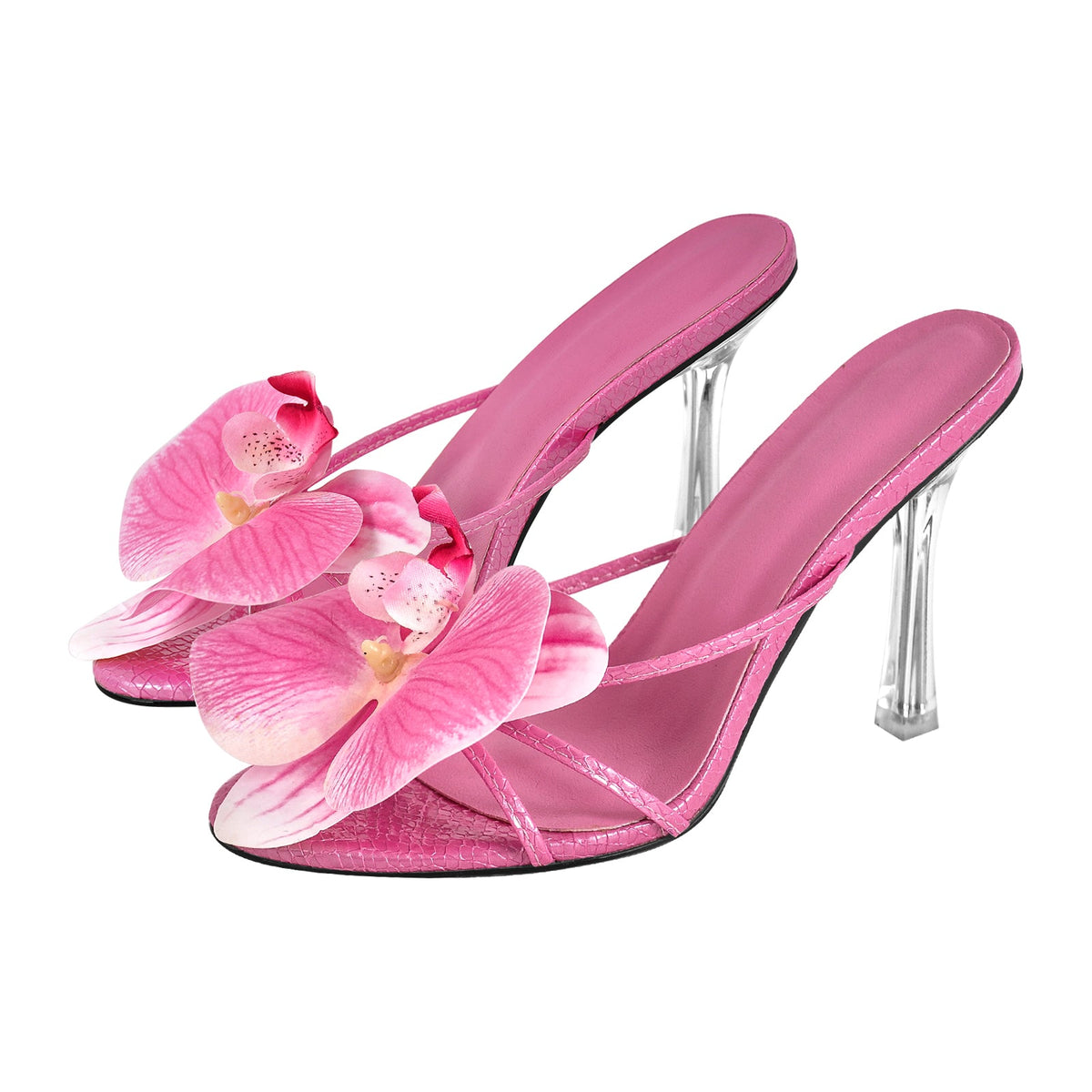 Flower Round Toe Clear Heel Thong Sandals Mules - Onlymaker