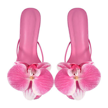 Flower Round Toe Clear Heel Thong Sandals Mules - Onlymaker