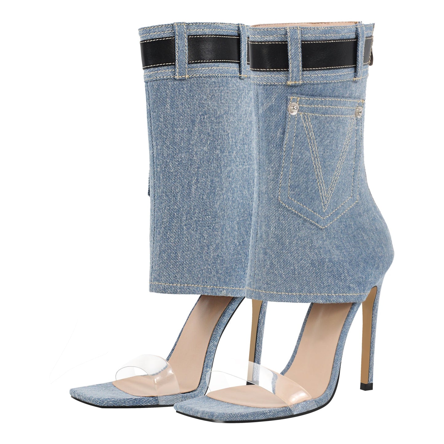 Denim Square Toe Stiletto Ankle Sandals - Onlymaker