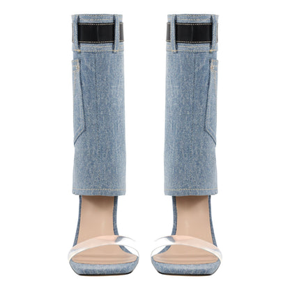 Denim Square Toe Stiletto Ankle Sandals - Onlymaker