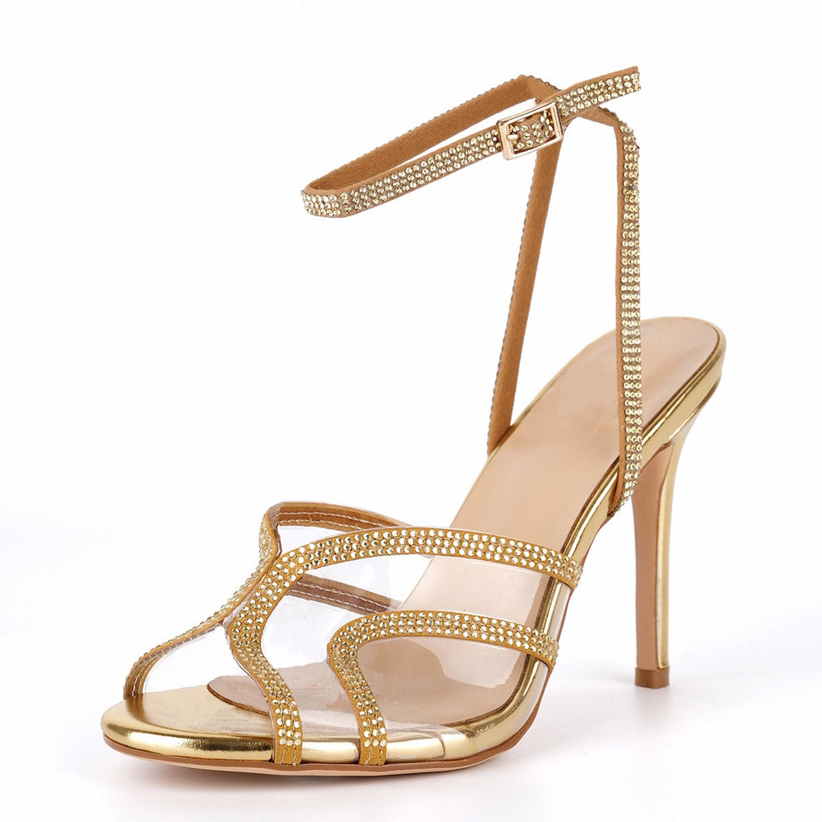 Clear Rhinestone Ankle Strap Stiletto Sandals - Onlymaker