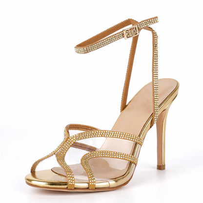 Clear Rhinestone Ankle Strap Stiletto Sandals - Onlymaker