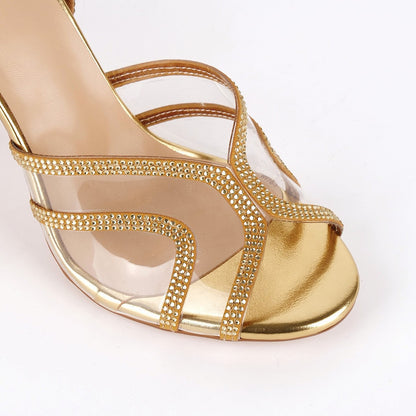 Clear Rhinestone Ankle Strap Stiletto Sandals - Onlymaker