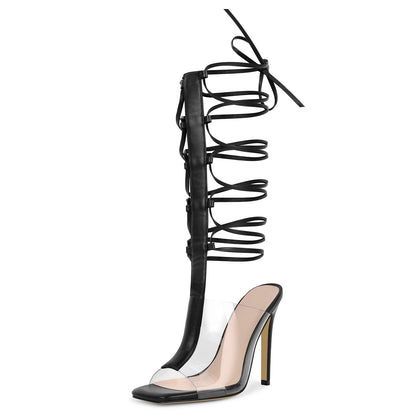 Square Toe Clear Strappy Lace-up Sandals - Onlymaker