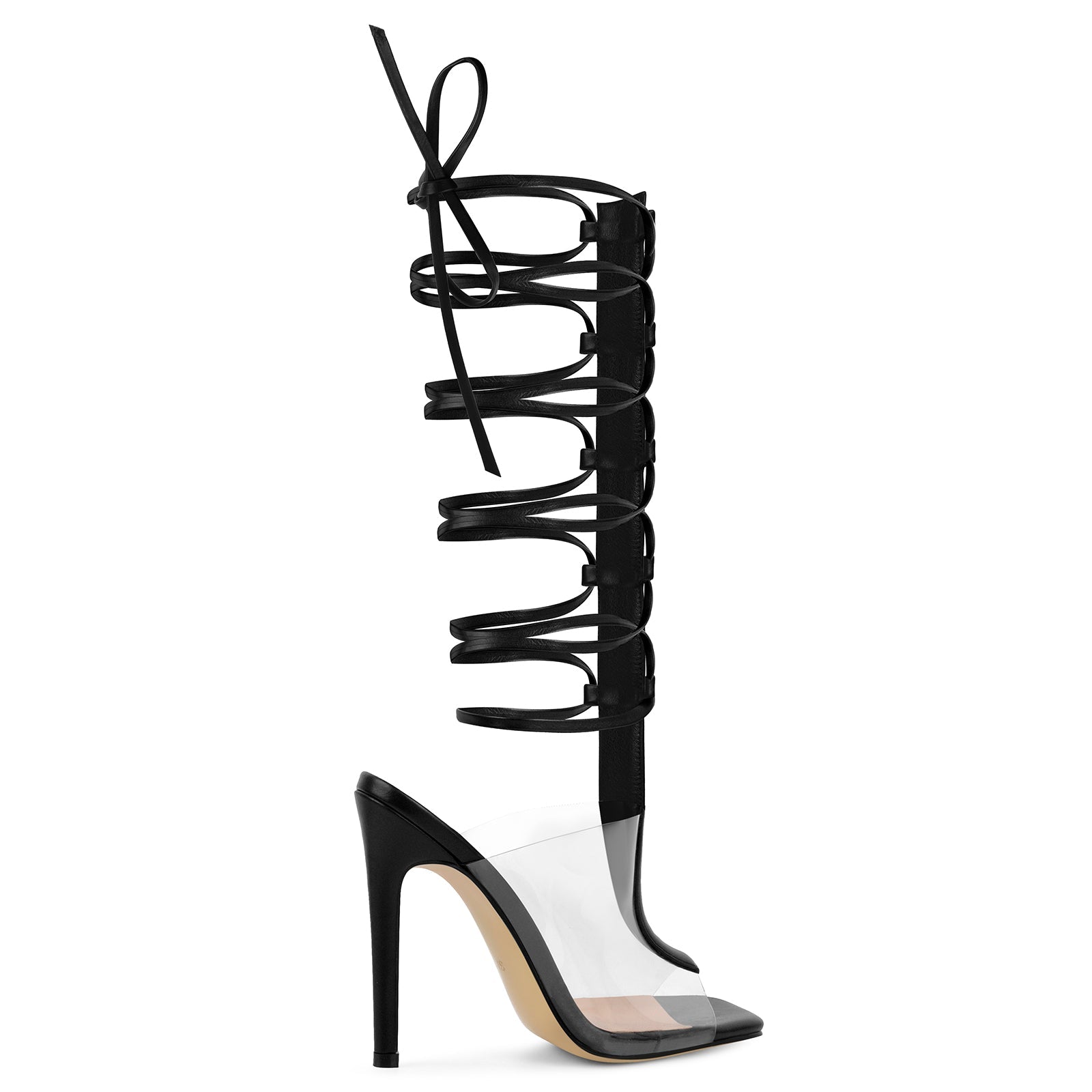 Square Toe Clear Strappy Lace-up Sandals - Onlymaker
