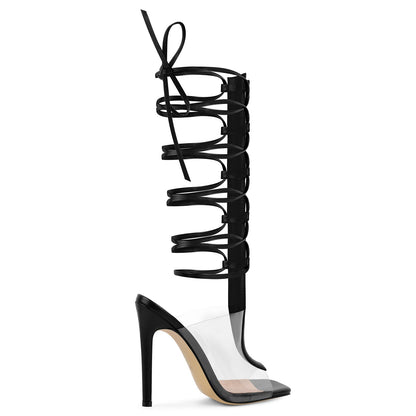 Square Toe Clear Strappy Lace-up Sandals - Onlymaker