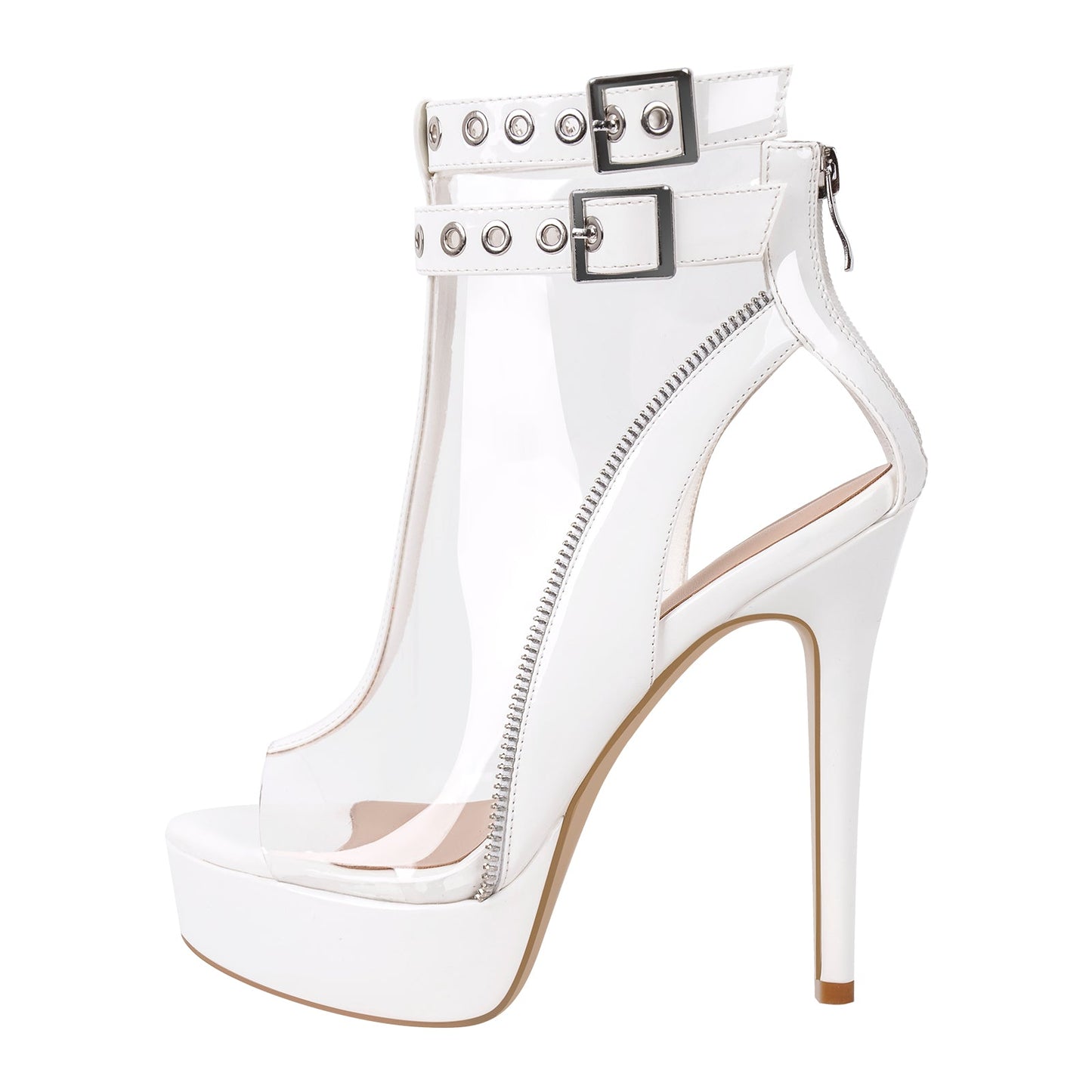 Clear Open Toe Stiletto Buckle Zipper Platform Sandals - Onlymaker