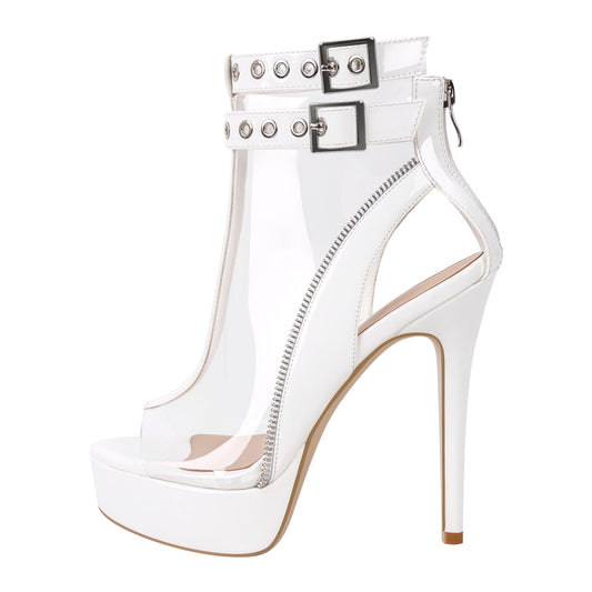 Clear Open Toe Stiletto Buckle Zipper Platform Sandals - Onlymaker