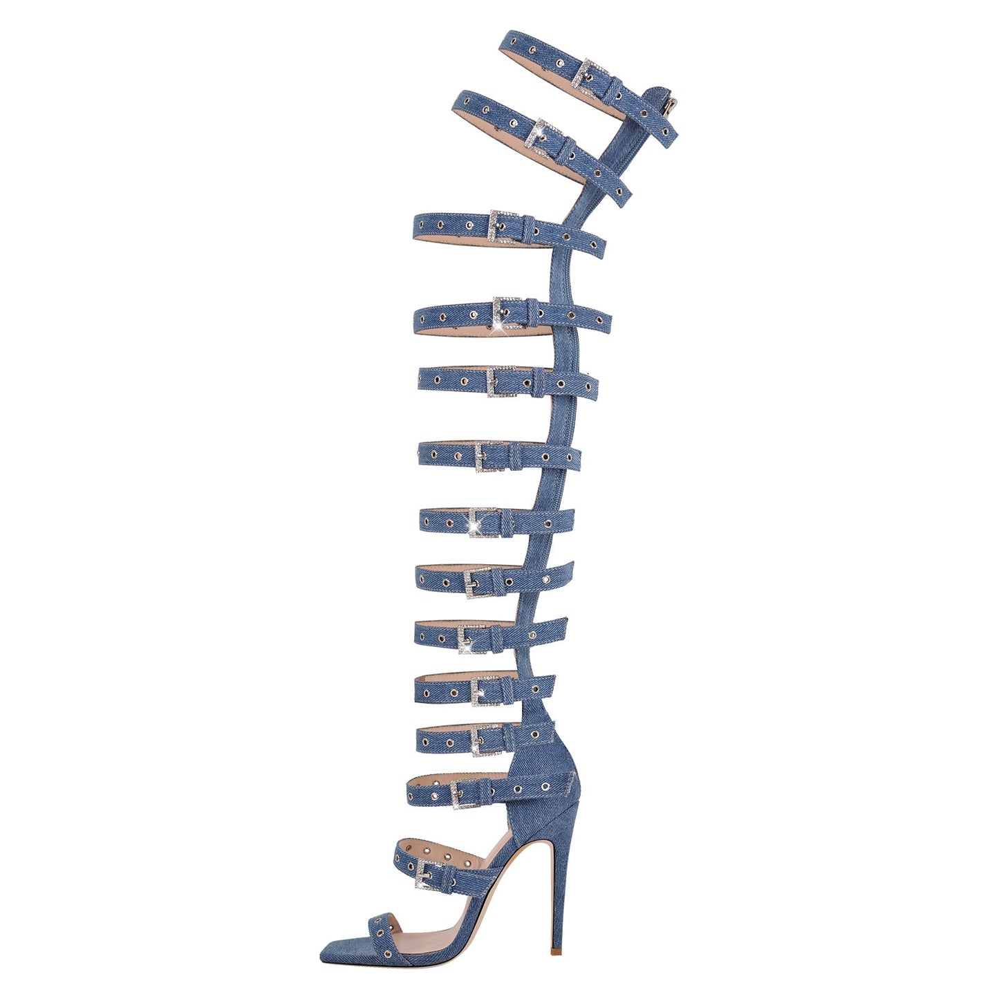 Denim Hollow Buckle Starp Thigh Stiletto Bootie Sandals - Onlymaker