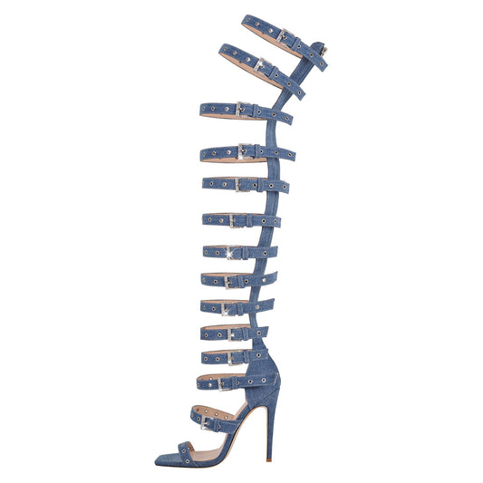 Denim Hollow Buckle Starp Thigh Stiletto Bootie Sandals - Onlymaker
