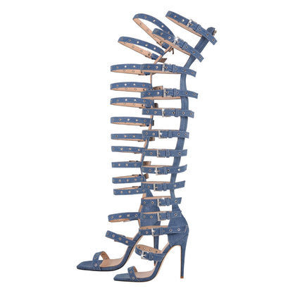 Denim Hollow Buckle Starp Thigh Stiletto Bootie Sandals - Onlymaker