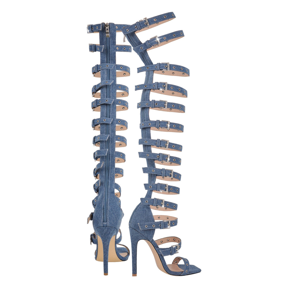 Denim Hollow Buckle Starp Thigh Stiletto Bootie Sandals - Onlymaker