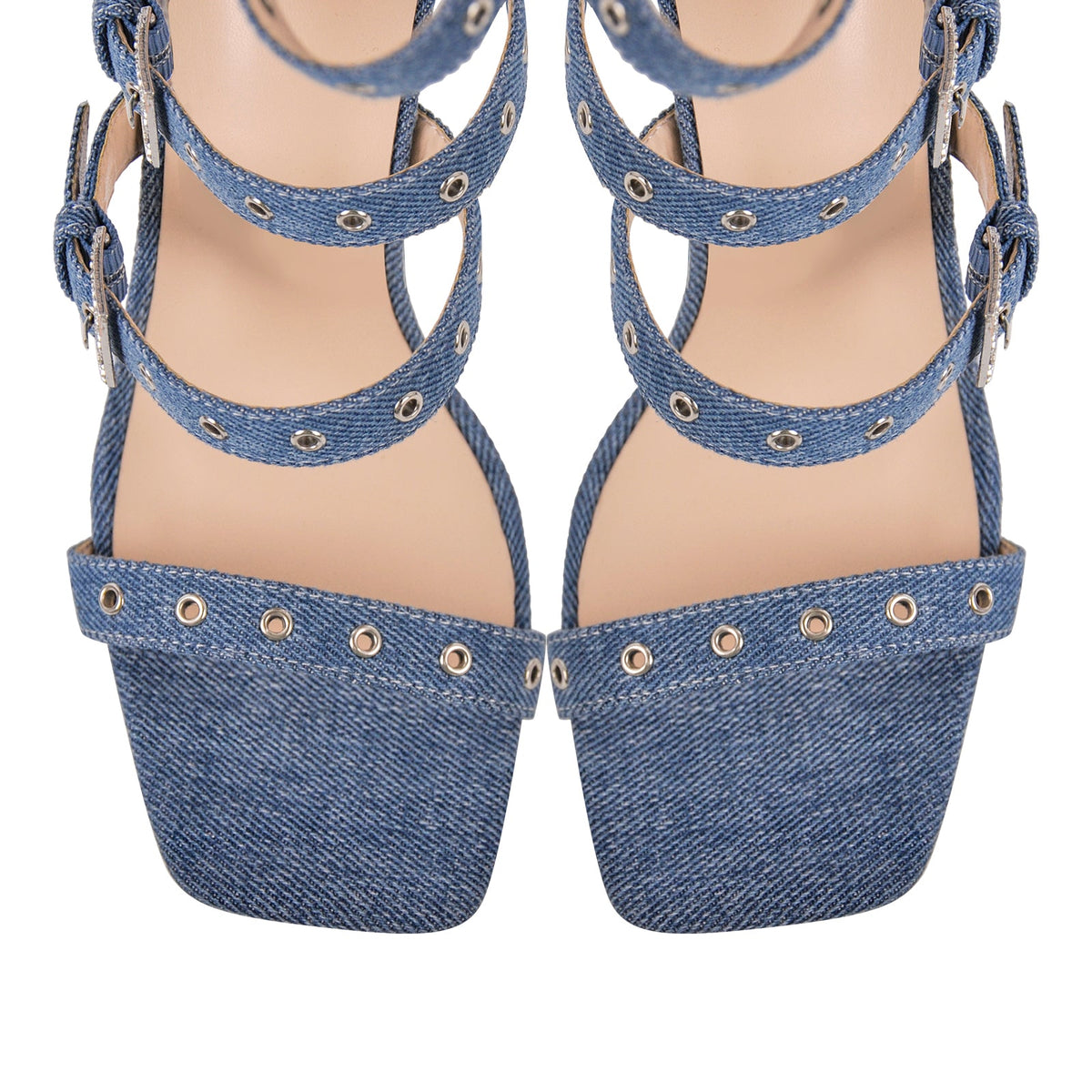 Denim Hollow Buckle Starp Thigh Stiletto Bootie Sandals - Onlymaker
