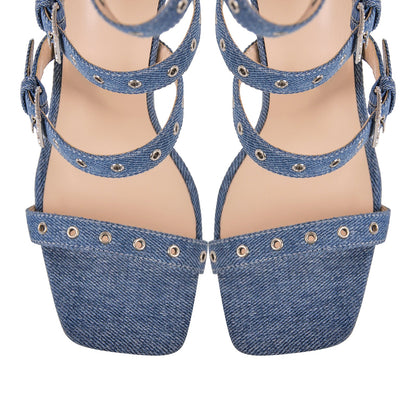 Denim Hollow Buckle Starp Thigh Stiletto Bootie Sandals - Onlymaker