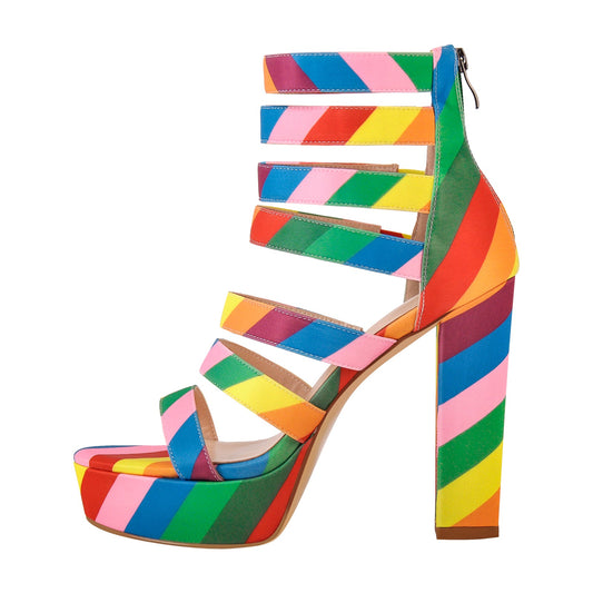 Platform Chunky Heel Rainbow Straps Sandals - Onlymaker
