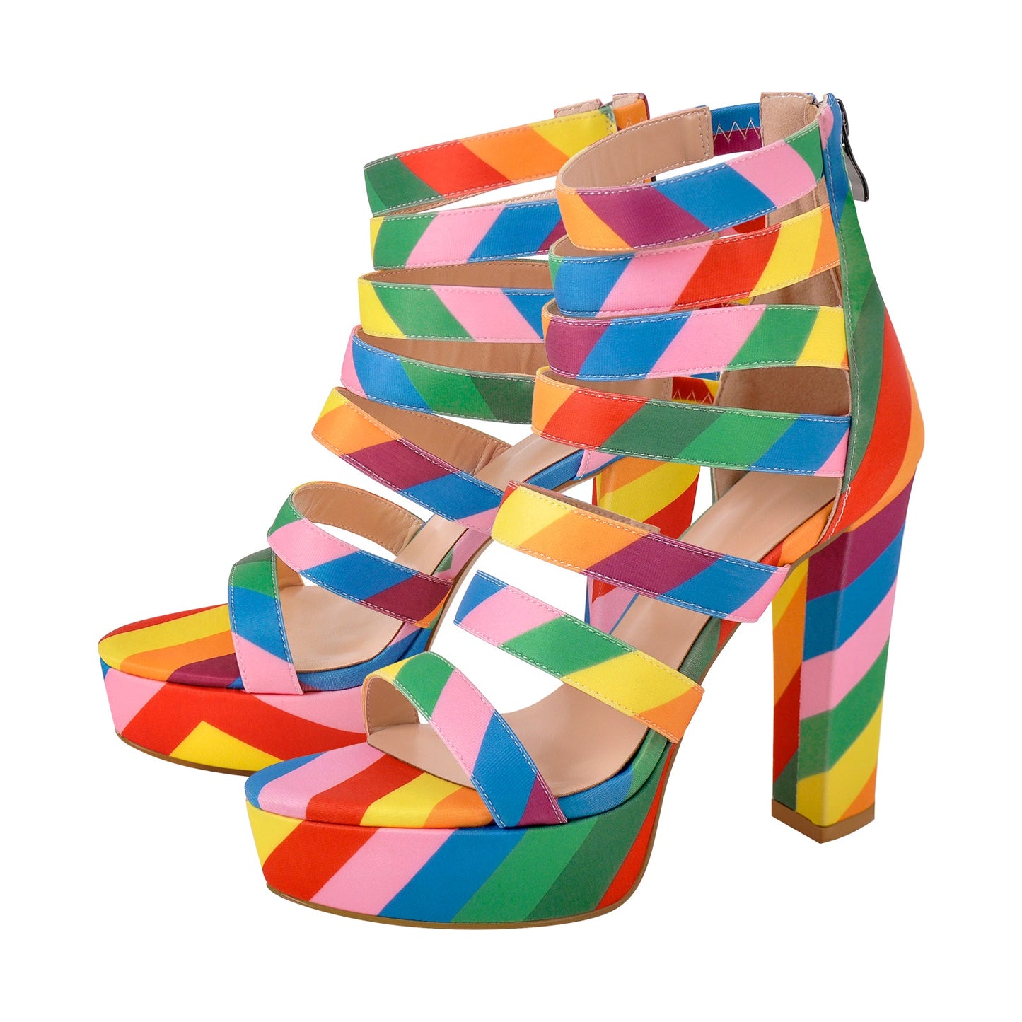 Platform Chunky Heel Rainbow Straps Sandals - Onlymaker