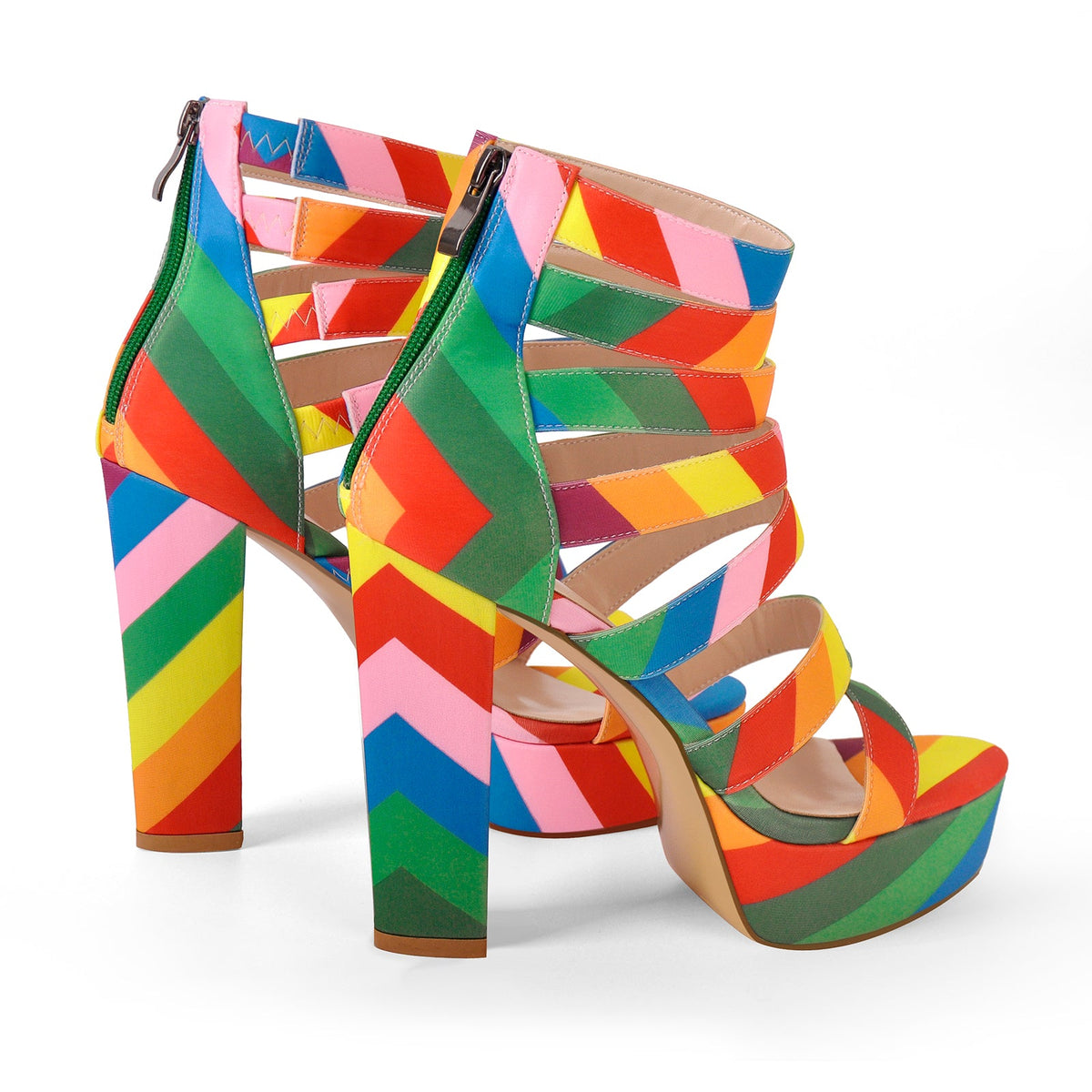 Platform Chunky Heel Rainbow Straps Sandals - Onlymaker