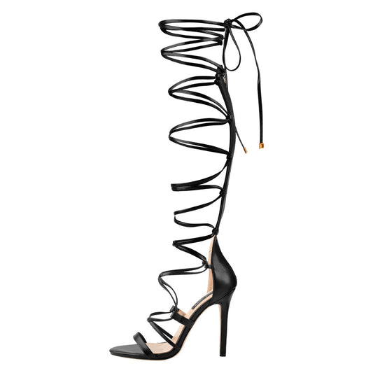 Lace-up Round Toe Strappy Zipper Stiletto Sandals - Onlymaker