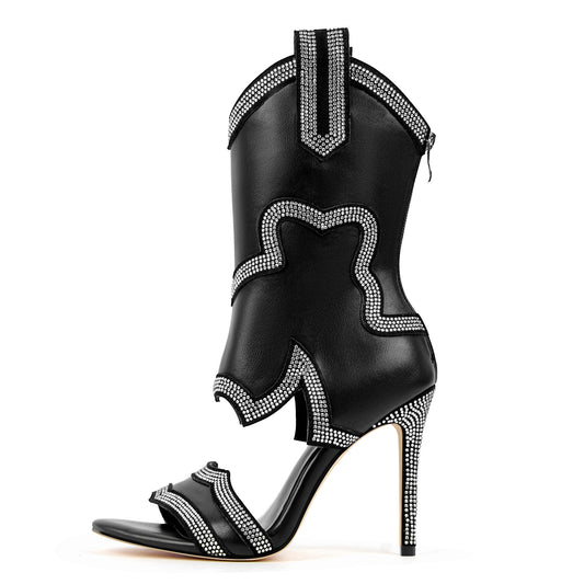 Rhinestone Cutout Back Zipper Ankle Bootie Sandals - Onlymaker