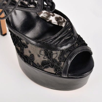 Platform Mesh Lace-up Slingback Sandals - Onlymaker