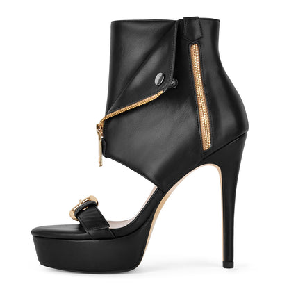 Platform Metal Zipper Buckle Bootie Sandals - Onlymaker