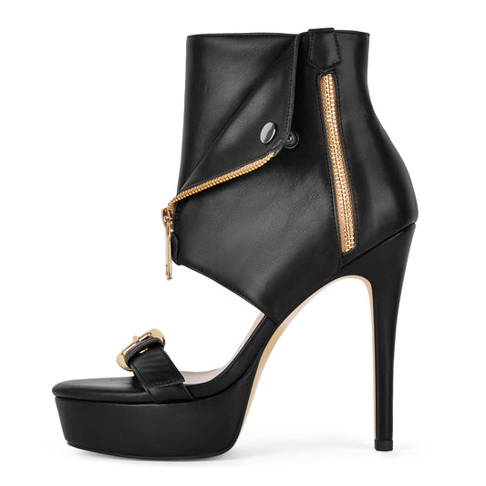 Platform Metal Zipper Buckle Bootie Sandals - Onlymaker