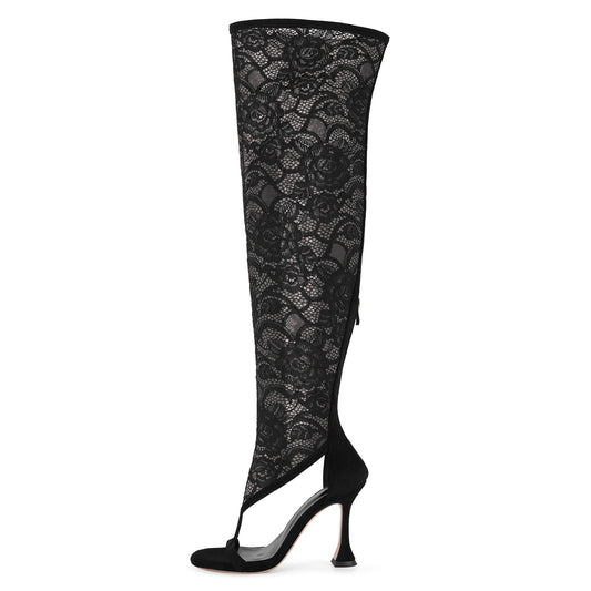 Round Toe Lace Mesh Thigh High Bootie Sandals - Onlymaker