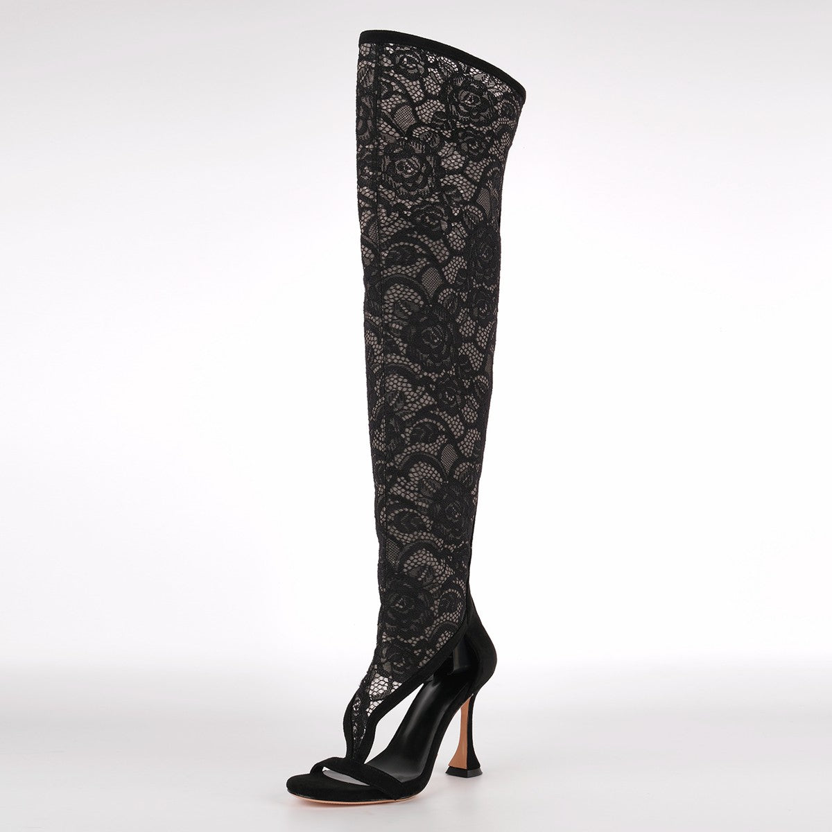 Round Toe Lace Mesh Thigh High Bootie Sandals - Onlymaker