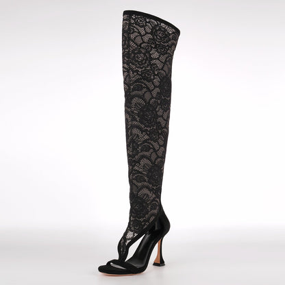 Round Toe Lace Mesh Thigh High Bootie Sandals - Onlymaker