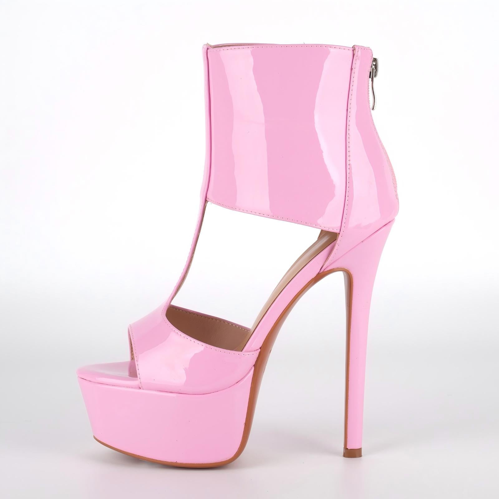 Round Toe Platform Patent Leather Bootie Sandals - Onlymaker