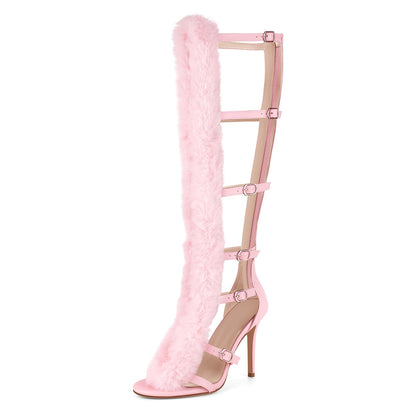 Fur Buckle Strap Hollow Boots Sandals - Onlymaker
