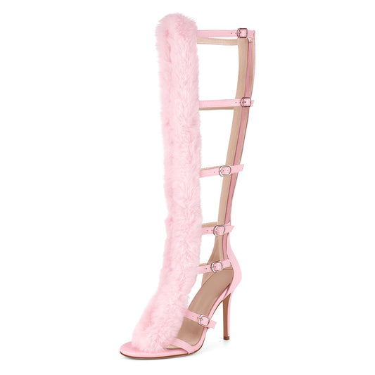 Fur Buckle Strap Hollow Boots Sandals - Onlymaker