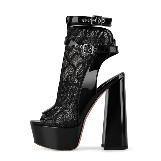 Open Toe Platform Lace Mesh Buckles Bootie Sandals - Onlymaker
