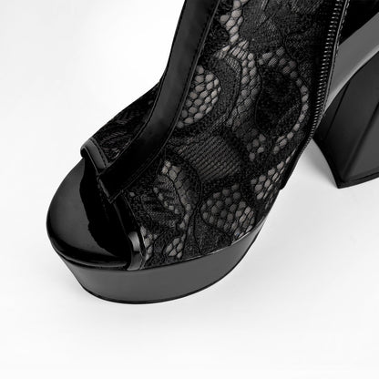 Open Toe Platform Lace Mesh Buckles Bootie Sandals - Onlymaker