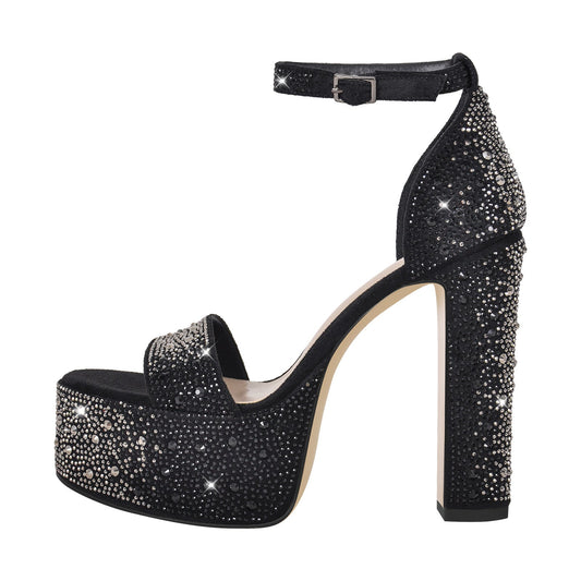 Rhinestone Round Toe Platform Ankle Strap Sandals - Onlymaker