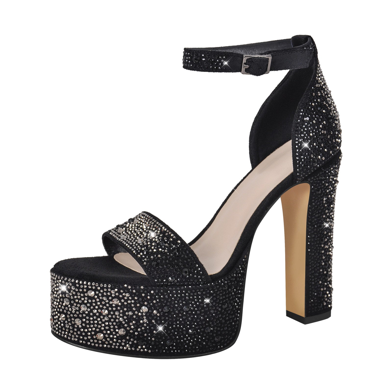 Rhinestone Round Toe Platform Ankle Strap Sandals - Onlymaker