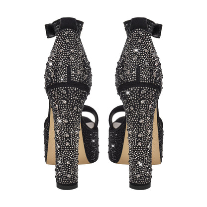 Rhinestone Round Toe Platform Ankle Strap Sandals - Onlymaker