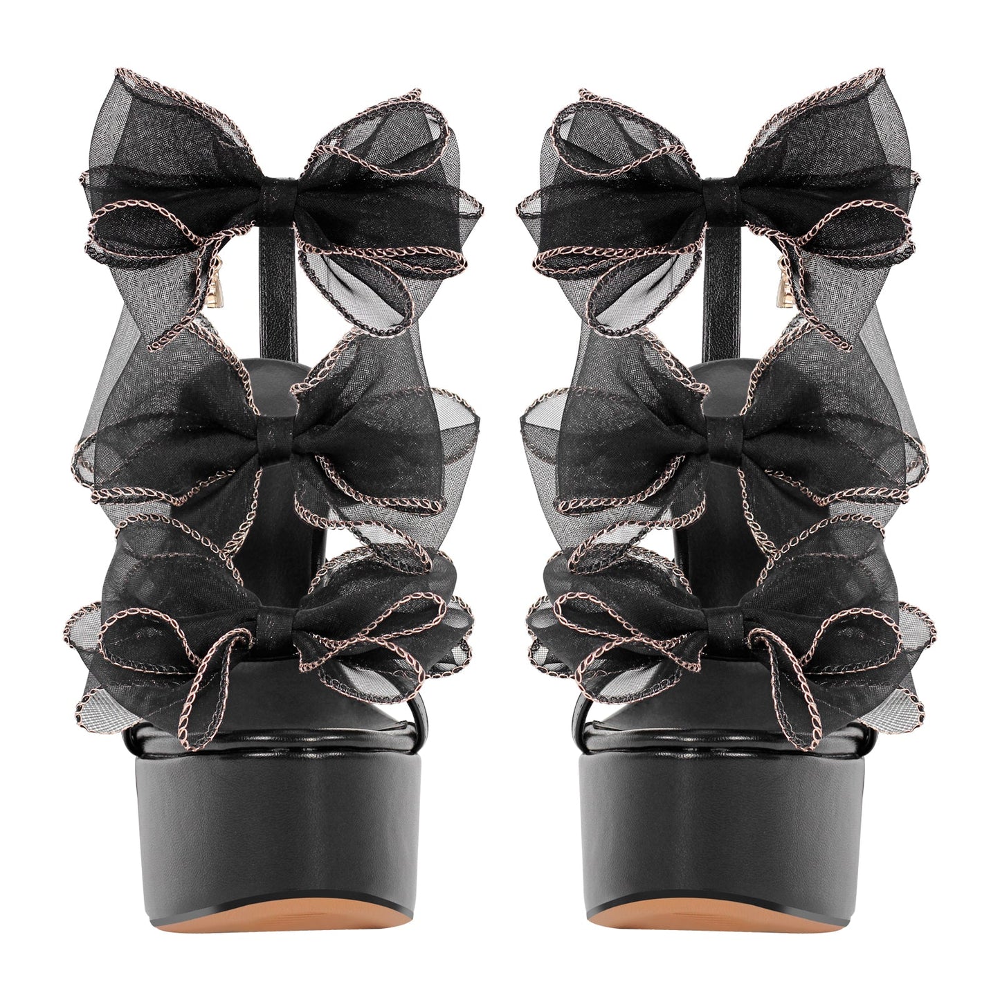 Black Bow Ankle Strap Chunky Heel Platform Sandals - Onlymaker