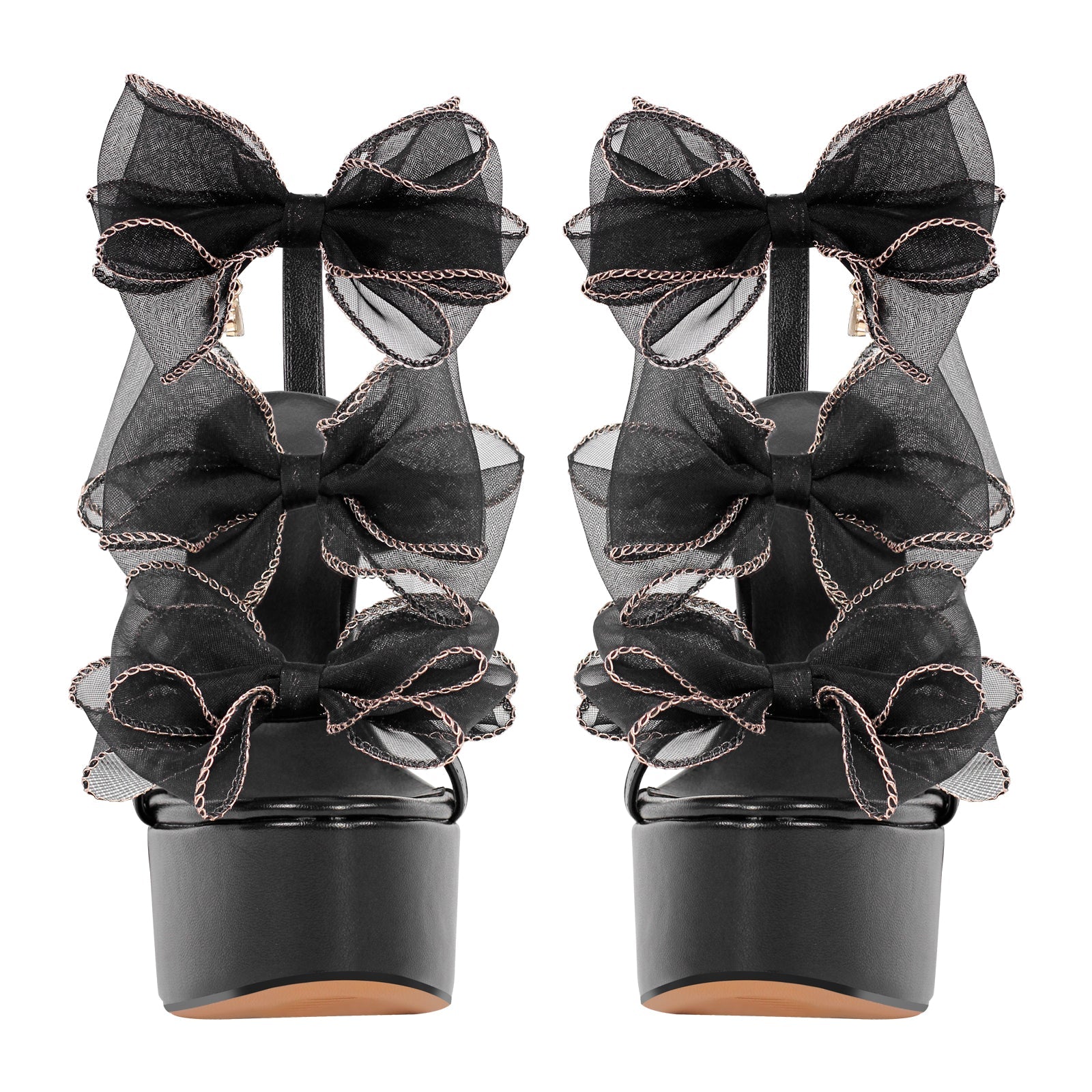 Black Bow Ankle Strap Chunky Heel Platform Sandals - Onlymaker