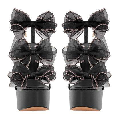 Black Bow Ankle Strap Chunky Heel Platform Sandals - Onlymaker