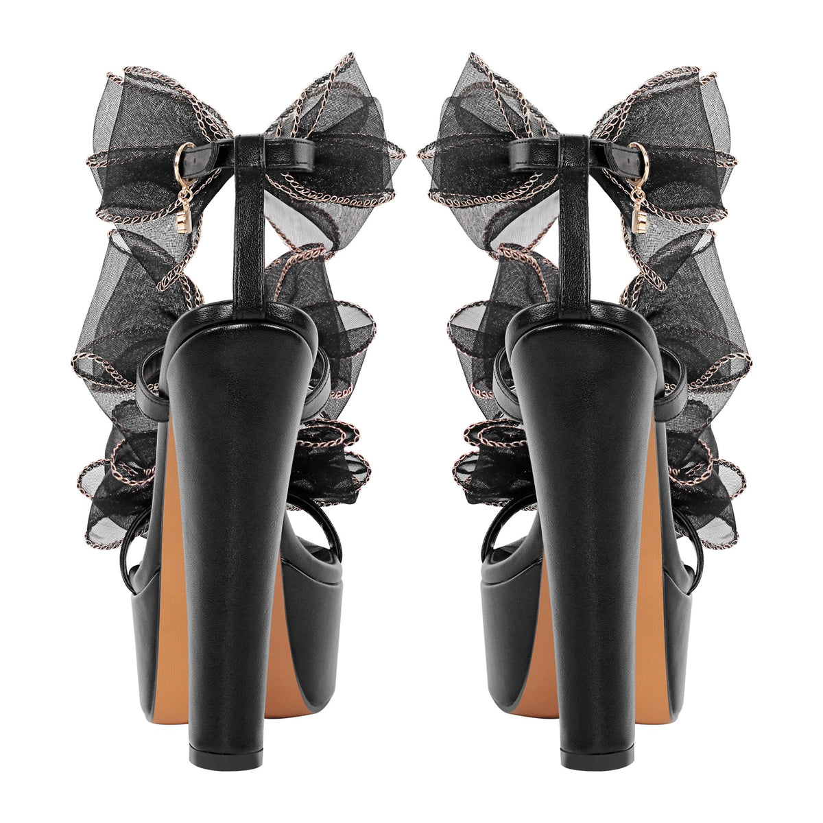 Black Bow Ankle Strap Chunky Heel Platform Sandals - Onlymaker