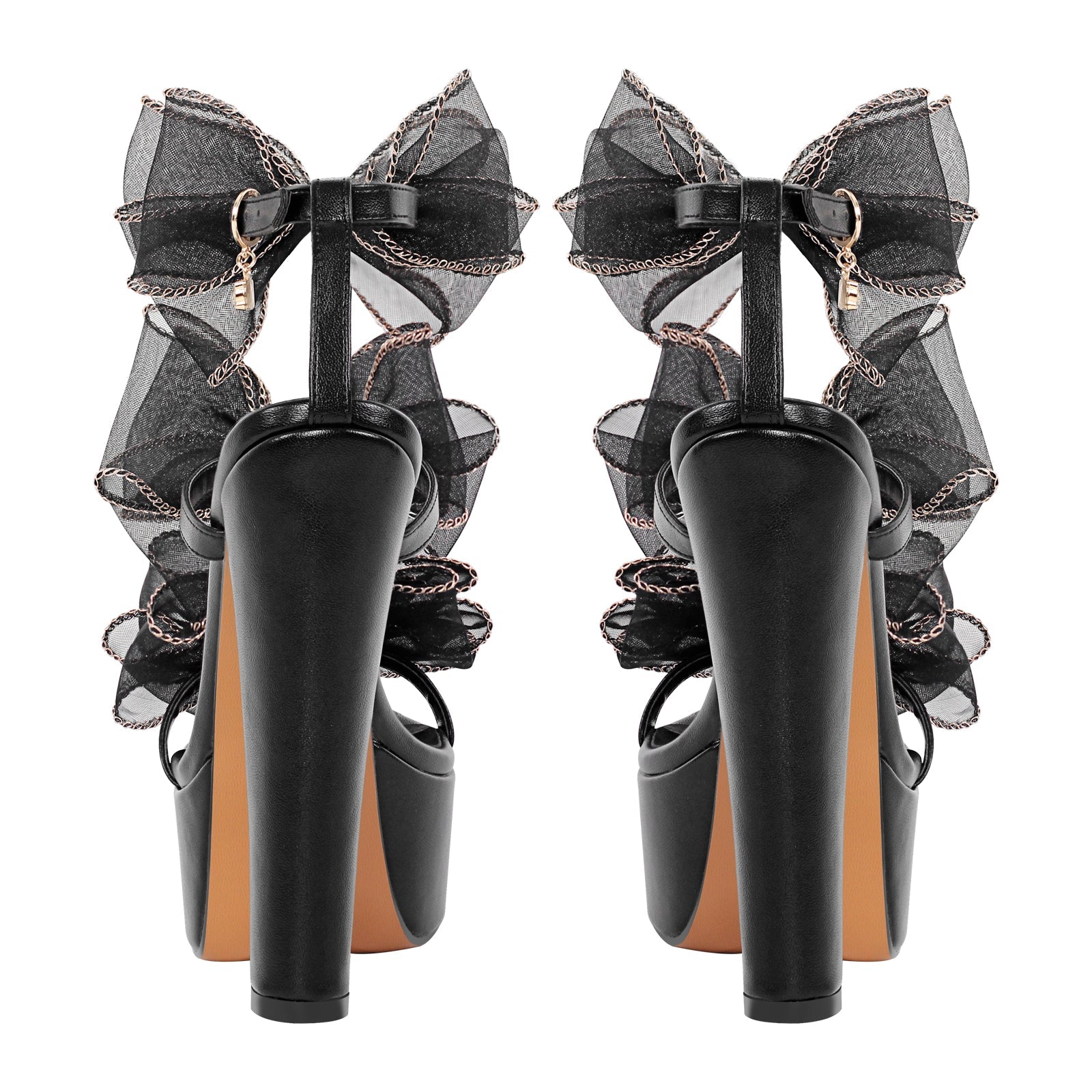 Black Bow Ankle Strap Chunky Heel Platform Sandals - Onlymaker