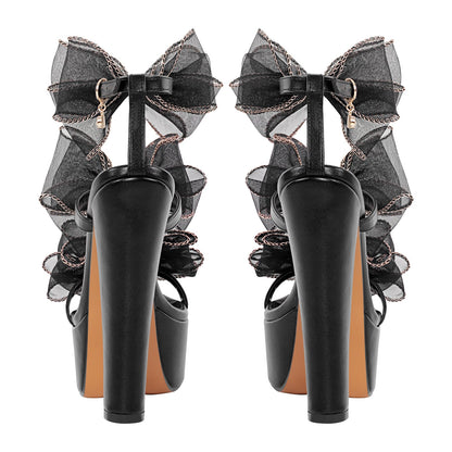 Black Bow Ankle Strap Chunky Heel Platform Sandals - Onlymaker