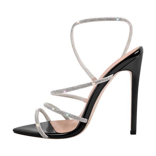 Pointed Toe Rhinestone Strap Stiletto Sandals - Onlymaker