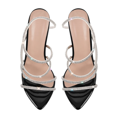Pointed Toe Rhinestone Strap Stiletto Sandals - Onlymaker